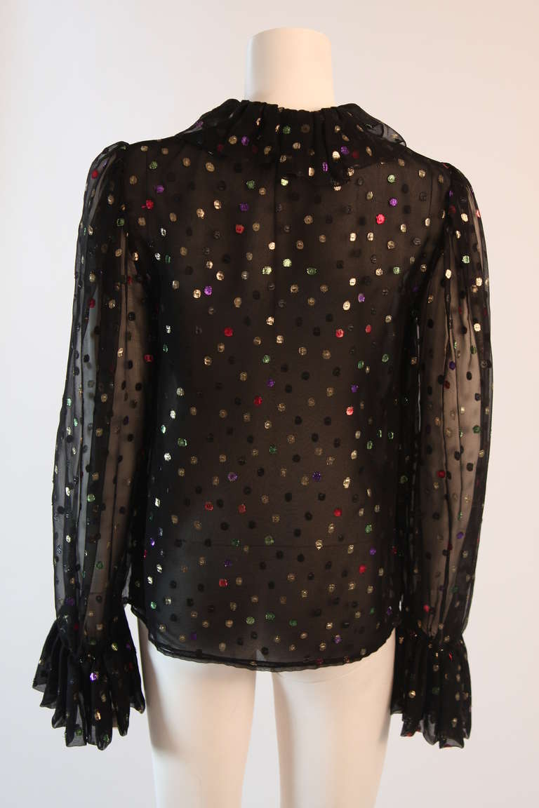 Spectacular Yves Saint Laurent Metallic Polka Dot Silk Chiffon Ruffle Blouse 36 4