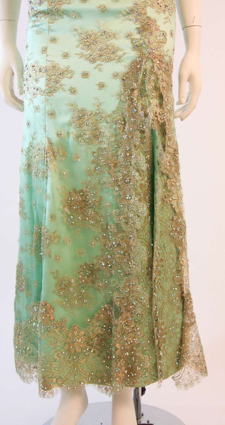 Sensational Aqua Baracci Lace and Rhinestone Gown For Sale 2