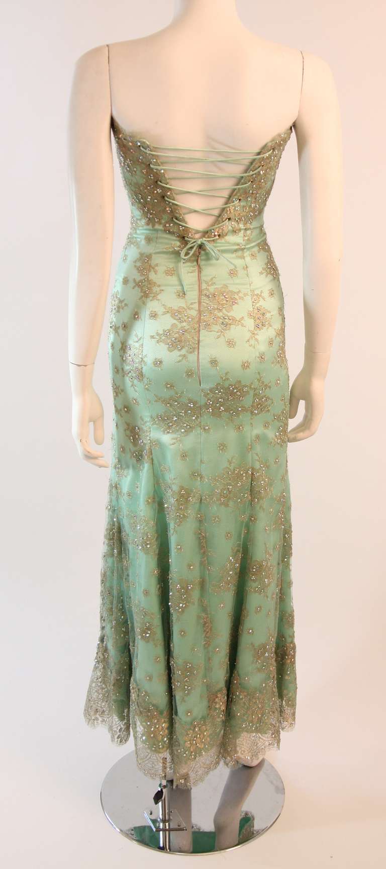 Sensational Aqua Baracci Lace and Rhinestone Gown In Excellent Condition For Sale In Los Angeles, CA