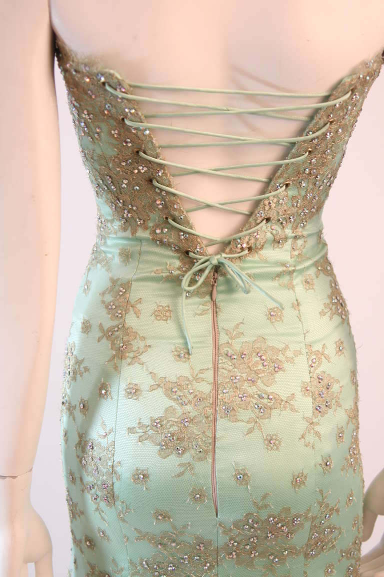 Women's Sensational Aqua Baracci Lace and Rhinestone Gown For Sale