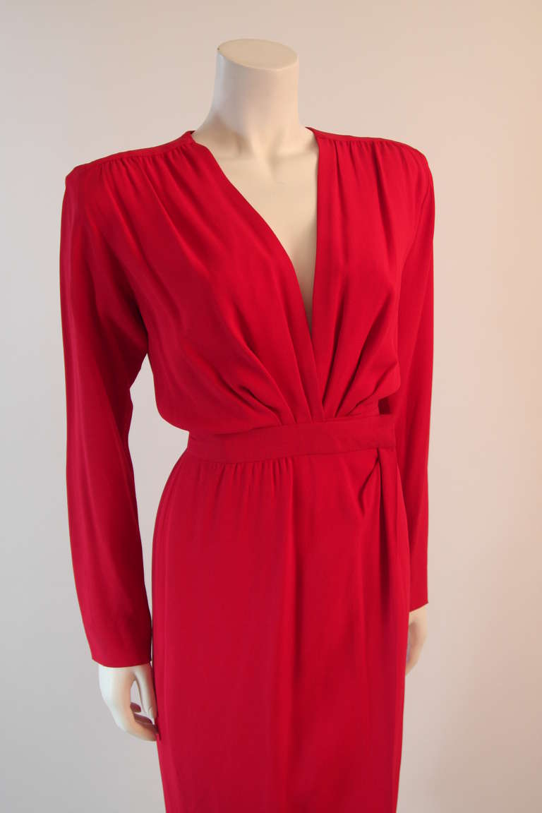 Yves Saint Laurent Deep Plunging Cardinal Red wrap waist Dress Size 36 In Excellent Condition In Los Angeles, CA