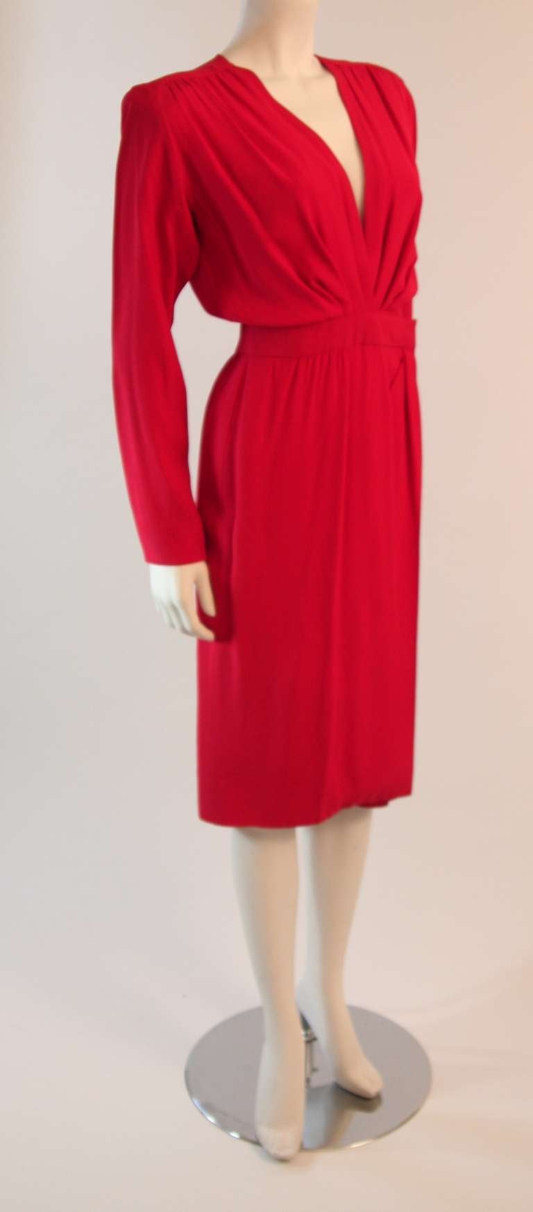 Women's Yves Saint Laurent Deep Plunging Cardinal Red wrap waist Dress Size 36