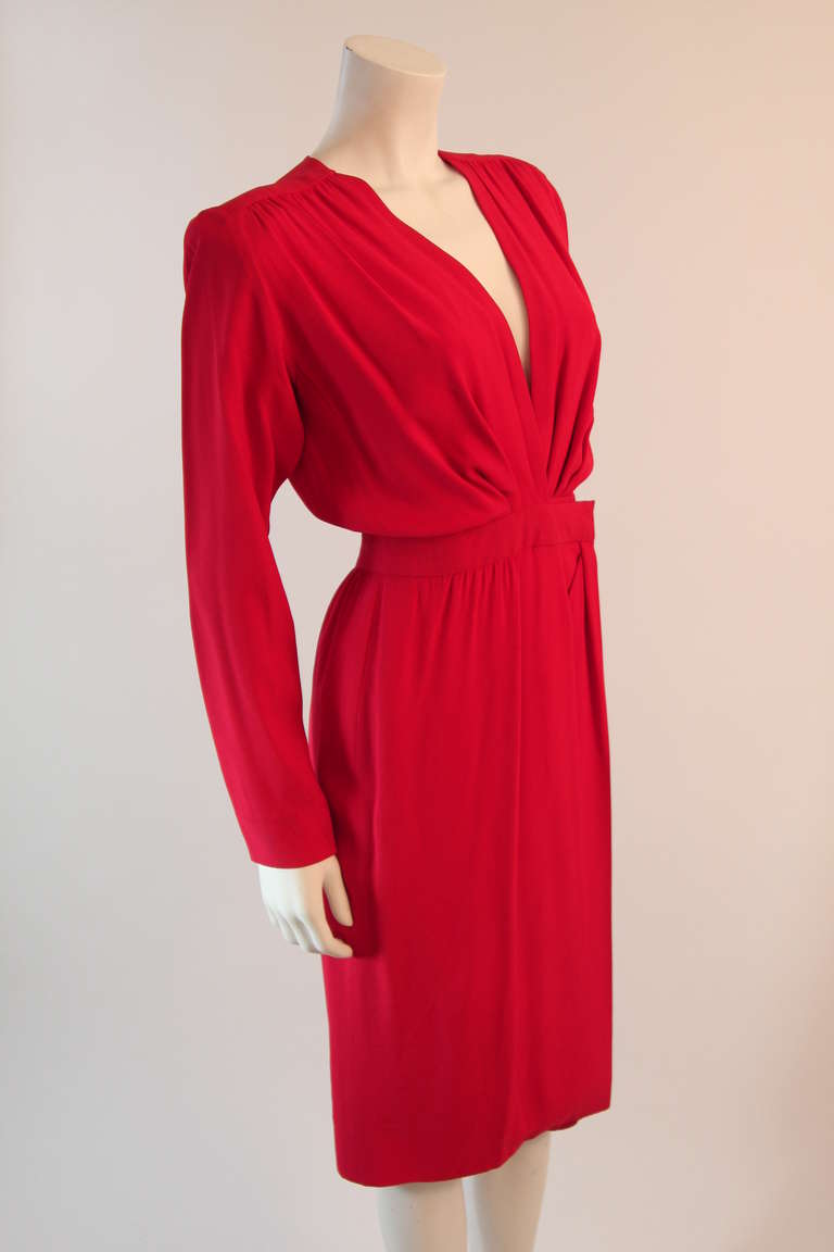 Yves Saint Laurent Deep Plunging Cardinal Red wrap waist Dress Size 36 1