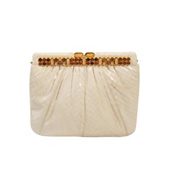 Vintage Judith Leiber White Snakeskin Clutch with Multi-Stone Gold Frame