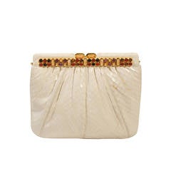 Judith Leiber White Snakeskin Clutch with Multi-Stone Gold Frame 3