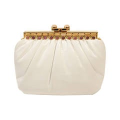 Judith Leiber Gathered White Lizard Purse with Multi-Stone Gold Frame