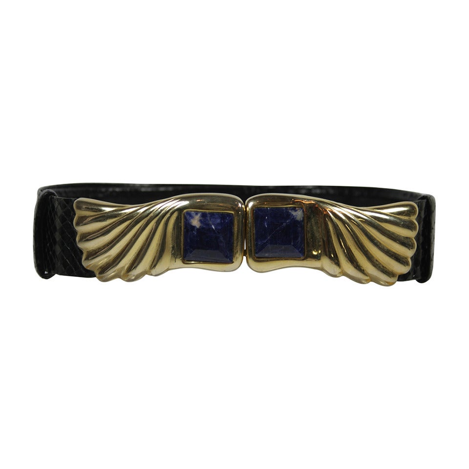 Judith Leiber Black Snakeskin Belt with Gold Buckle and Blue Stone