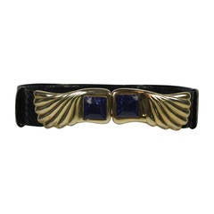 Vintage Judith Leiber Black Snakeskin Belt with Gold Buckle and Blue Stone