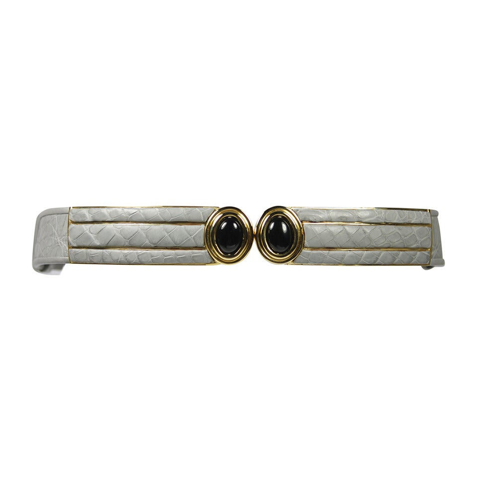 Judith Leiber Grey Snakeskin Belt with Gold Hardware and Black Stone Buckle
