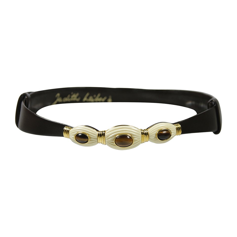 Judith Leiber Brown Leather Belt with Tiger's Eye and Bone Details