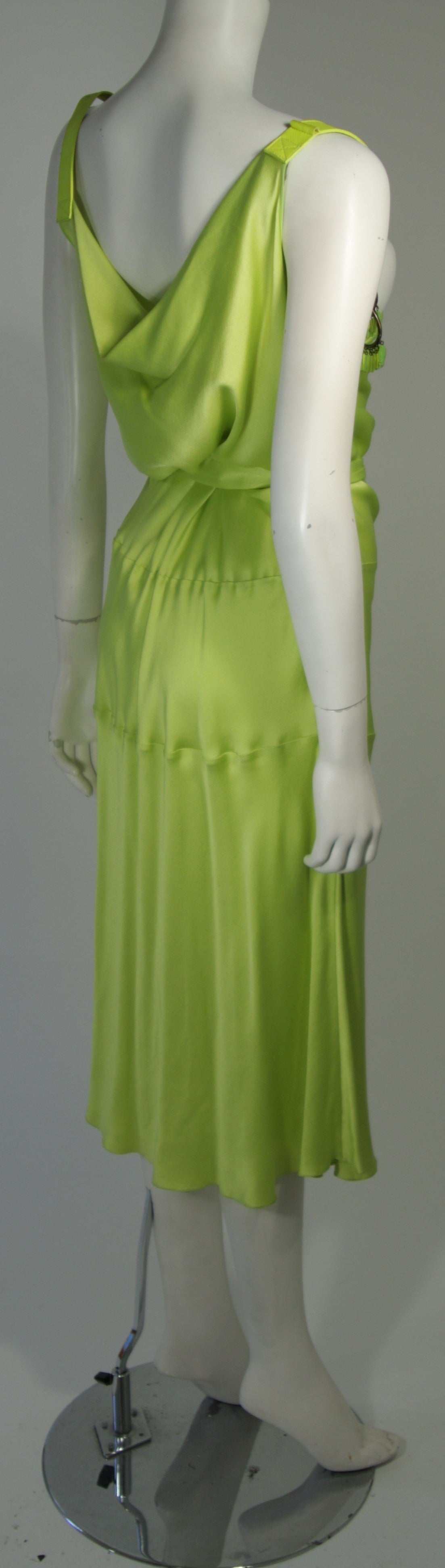 John Galliano Lime Green Silk Cocktail Dress w/ Belt & Beaded Detail In Excellent Condition In Los Angeles, CA