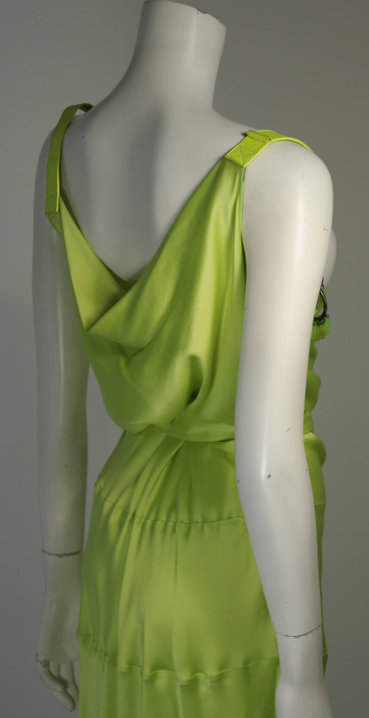 Yellow John Galliano Lime Green Silk Cocktail Dress w/ Belt & Beaded Detail
