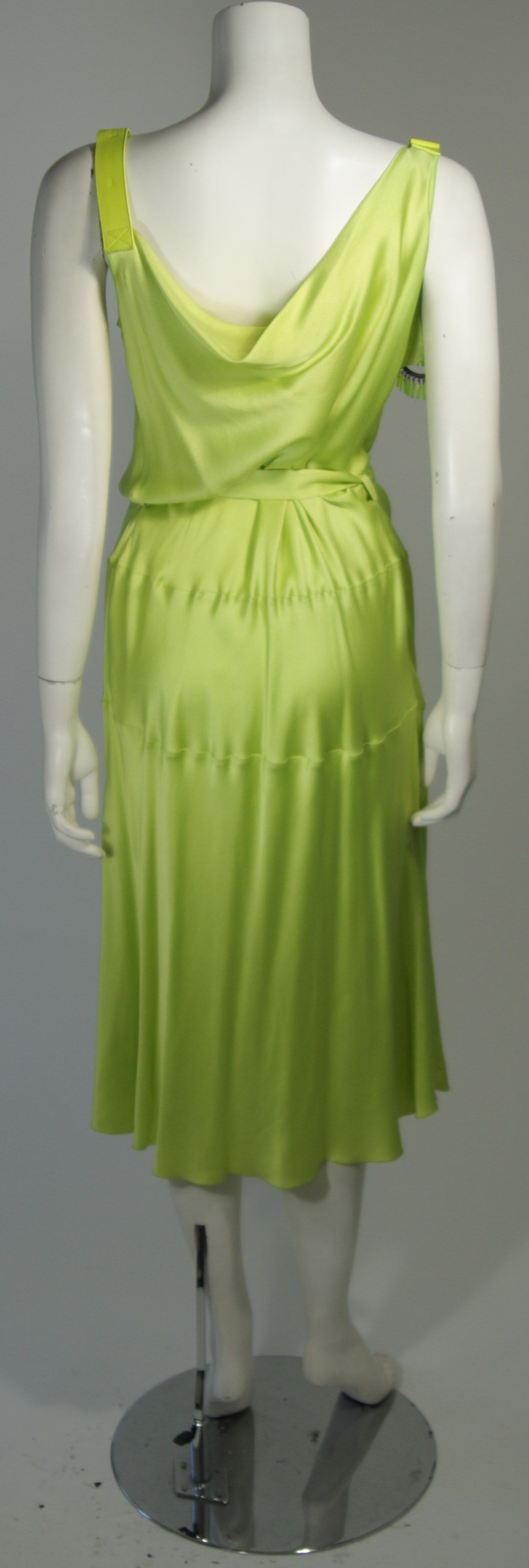 Women's John Galliano Lime Green Silk Cocktail Dress w/ Belt & Beaded Detail