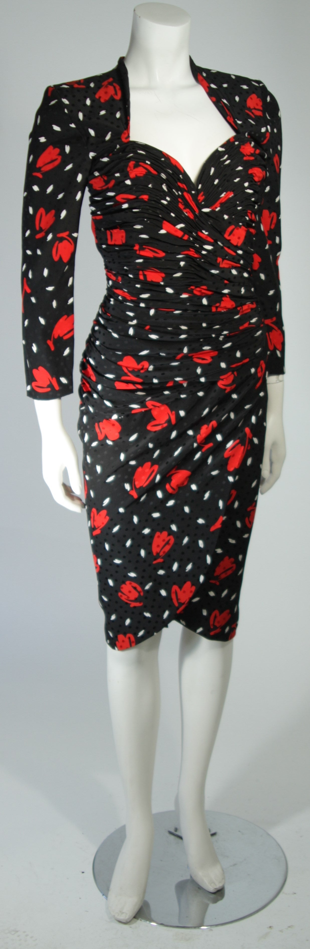Women's Vintage Black and White Polka Dot Dress with Abstract Rose Size Small