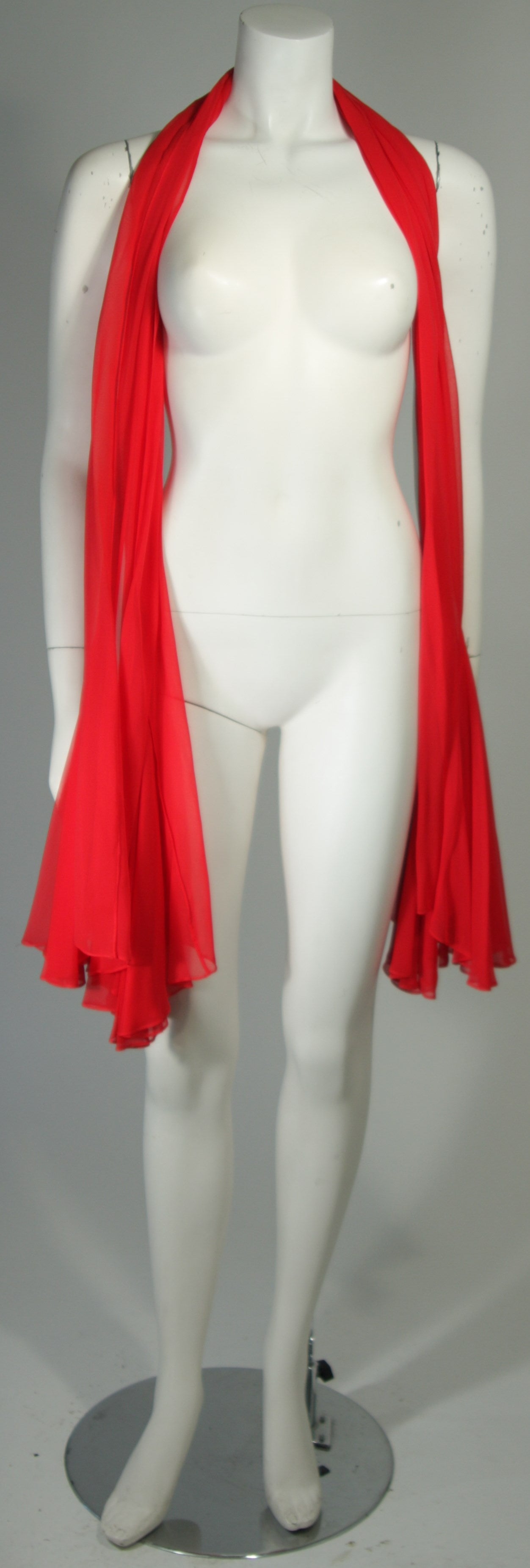 Travilla Red Silk Chiffon Godet Dress with Shawl Size Small Medium In Excellent Condition For Sale In Los Angeles, CA