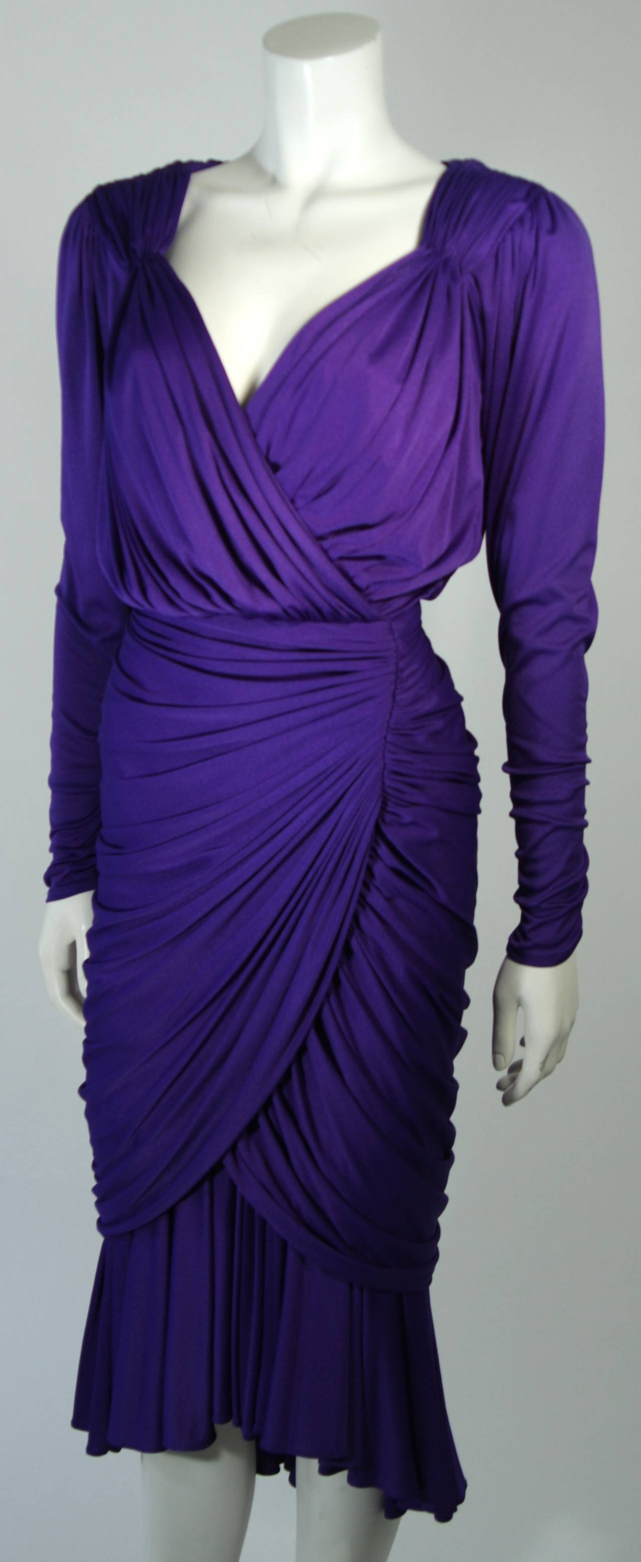 Purple Jersey Ruched Long Sleeve Cocktail Dress Size 2 4 For Sale at ...