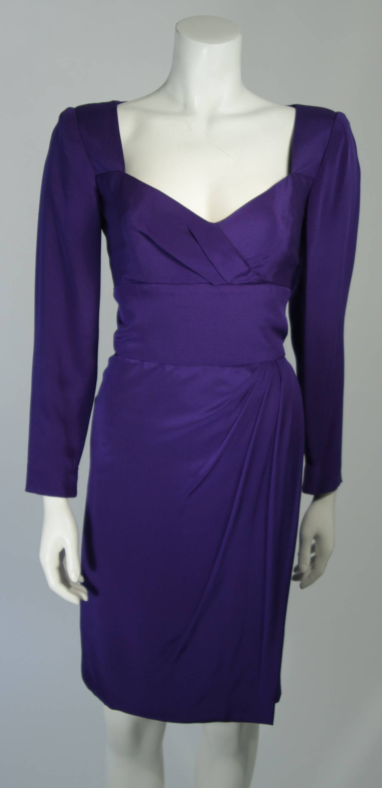 Travilla Purple Silk Long Sleeve Cocktail Dress with Draping Size 8 In Excellent Condition For Sale In Los Angeles, CA