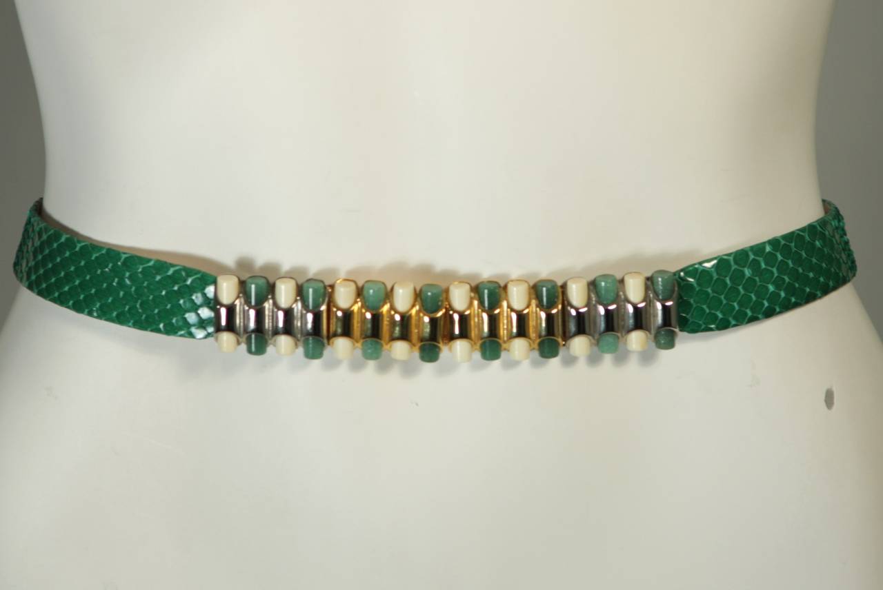 Judith Leiber Green Snakeskin Belt with Multi-Metal Green Stone and Bone Details In Excellent Condition In Los Angeles, CA