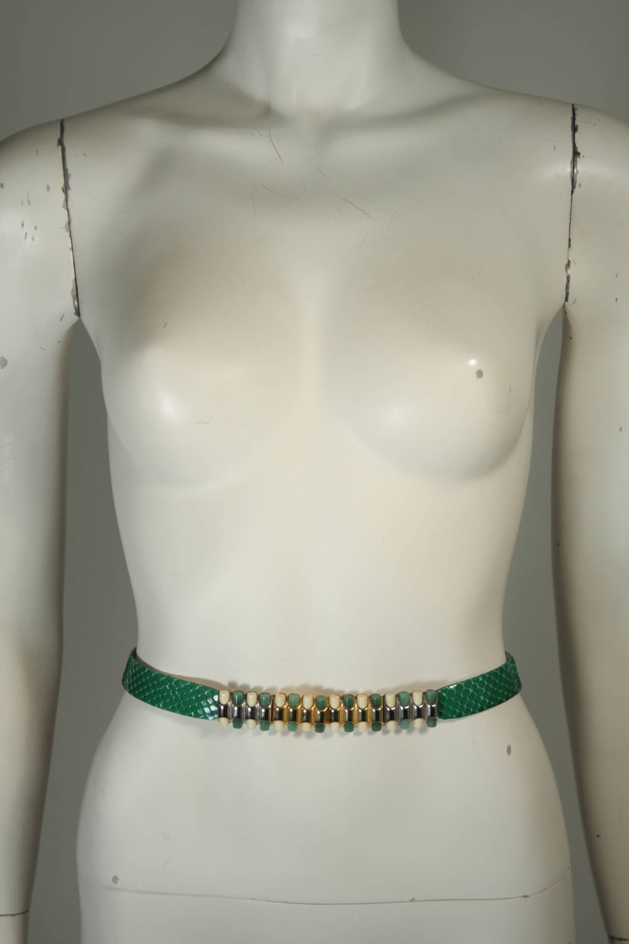Women's Judith Leiber Green Snakeskin Belt with Multi-Metal Green Stone and Bone Details