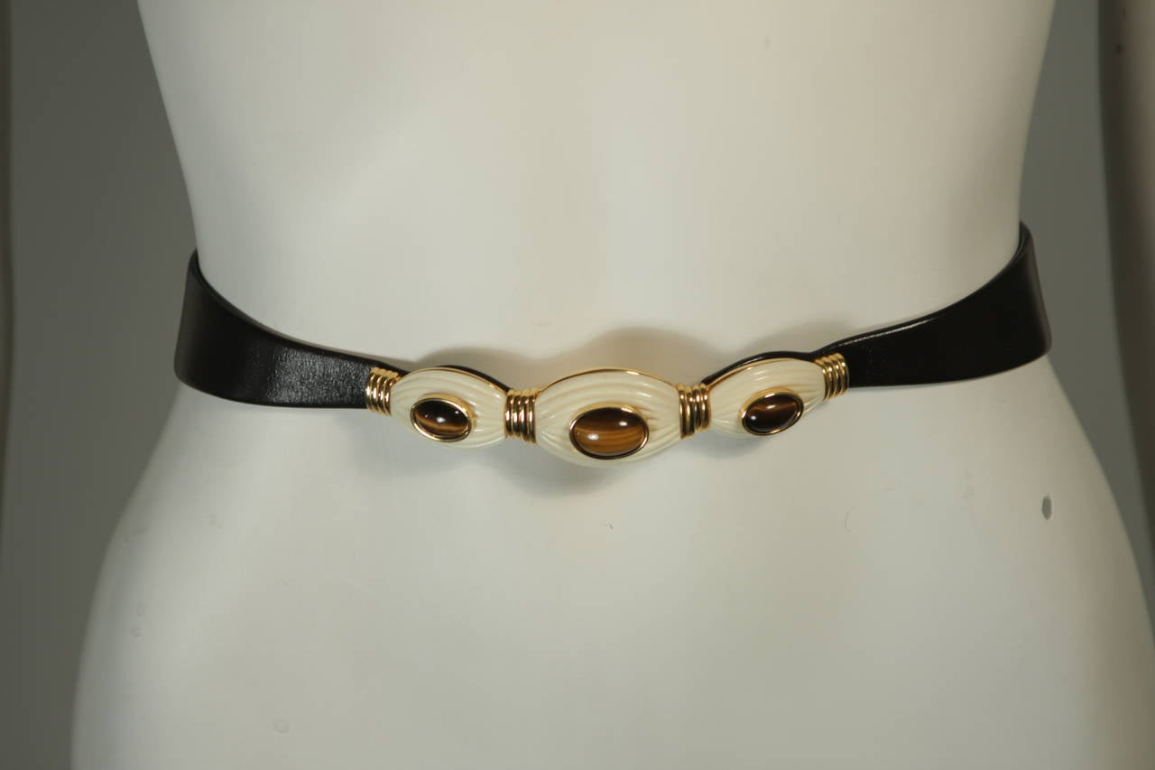 Judith Leiber Brown Leather Belt with Tiger's Eye and Bone Details 1