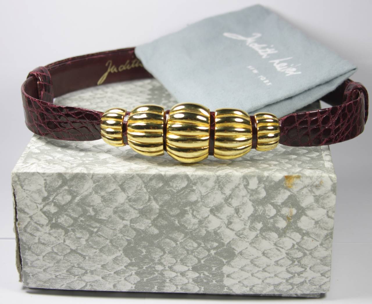 Judith Leiber Burgundy Snakeskin Belt with Gold Buckle 6