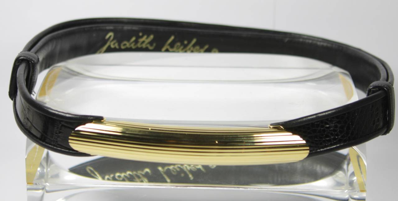 Judith Leiber Adjustable Black Alligator Belt with Gold Buckle 1