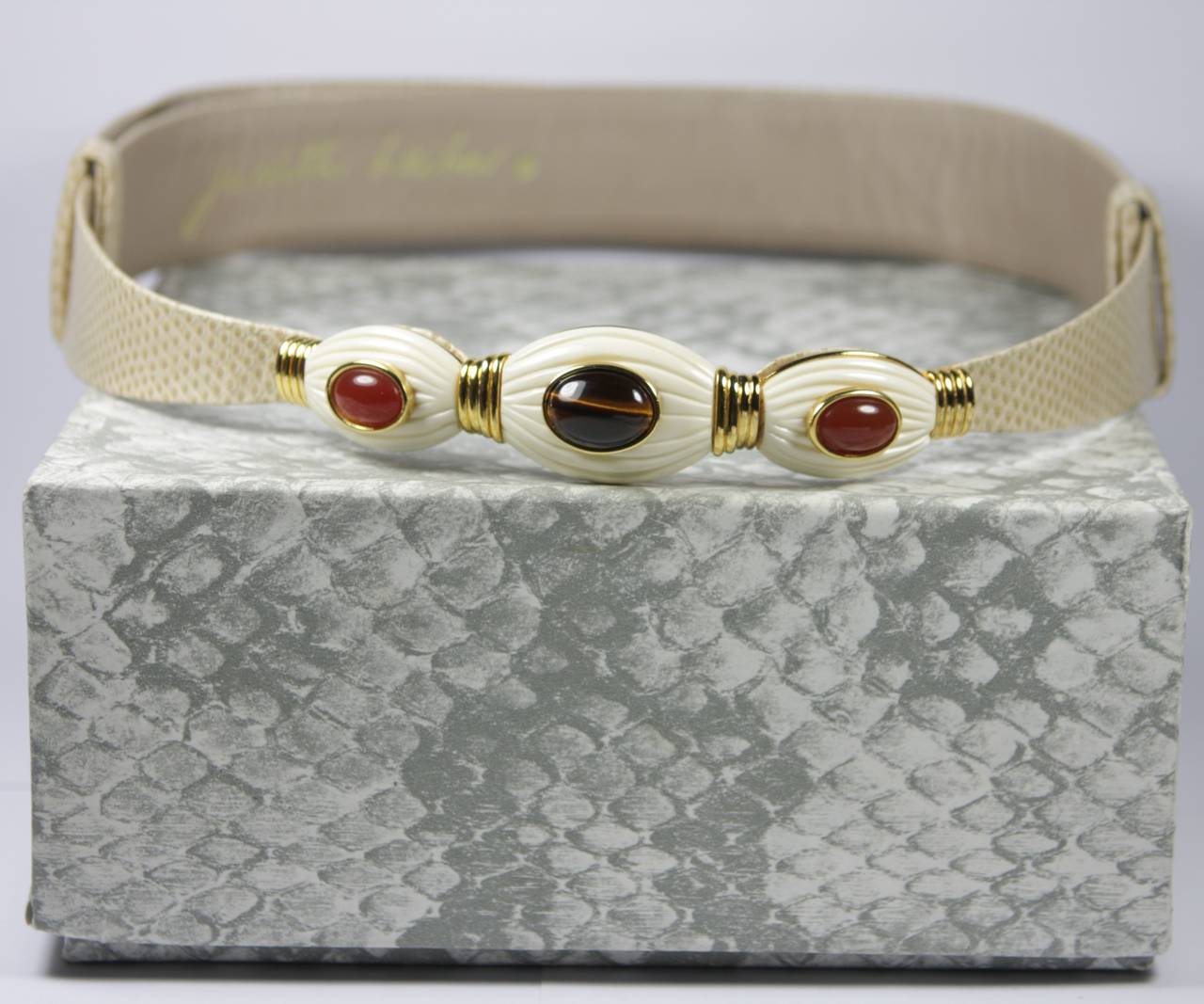 Judith Leiber Cream Snakeskin Belt with Tigers Eye Buckle Detail 5