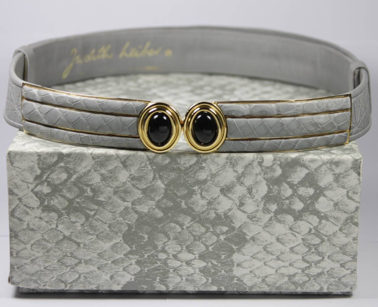 Judith Leiber Grey Snakeskin Belt with Gold Hardware and Black Stone Buckle 4