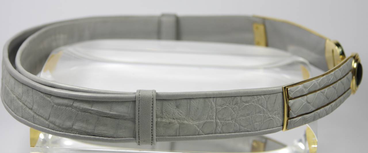 Judith Leiber Grey Snakeskin Belt with Gold Hardware and Black Stone Buckle 2