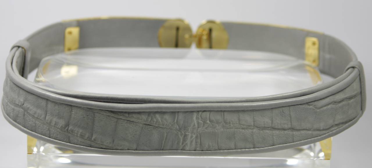 Judith Leiber Grey Snakeskin Belt with Gold Hardware and Black Stone Buckle 3