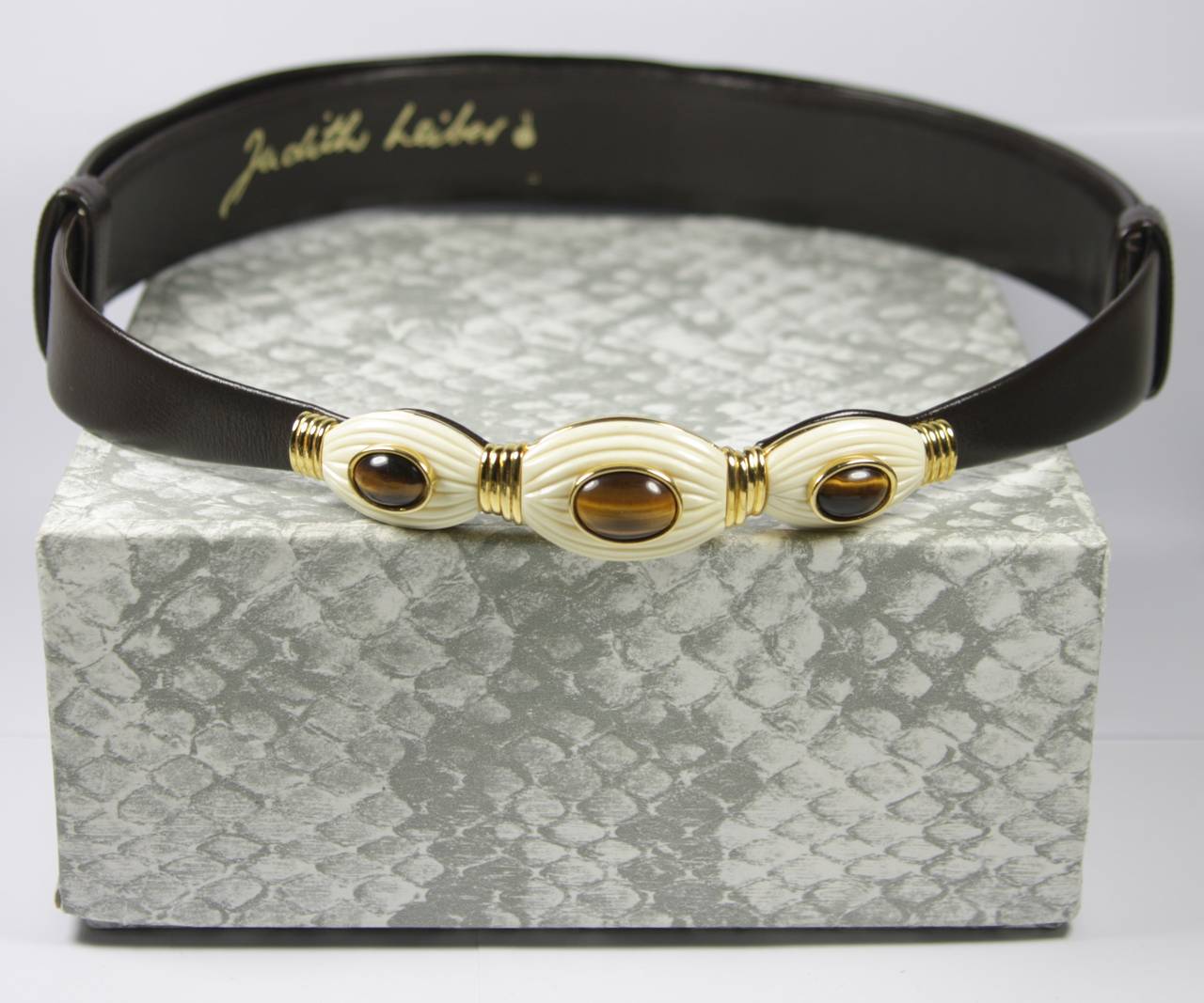 Judith Leiber Brown Leather Belt with Tiger's Eye and Bone Details 6