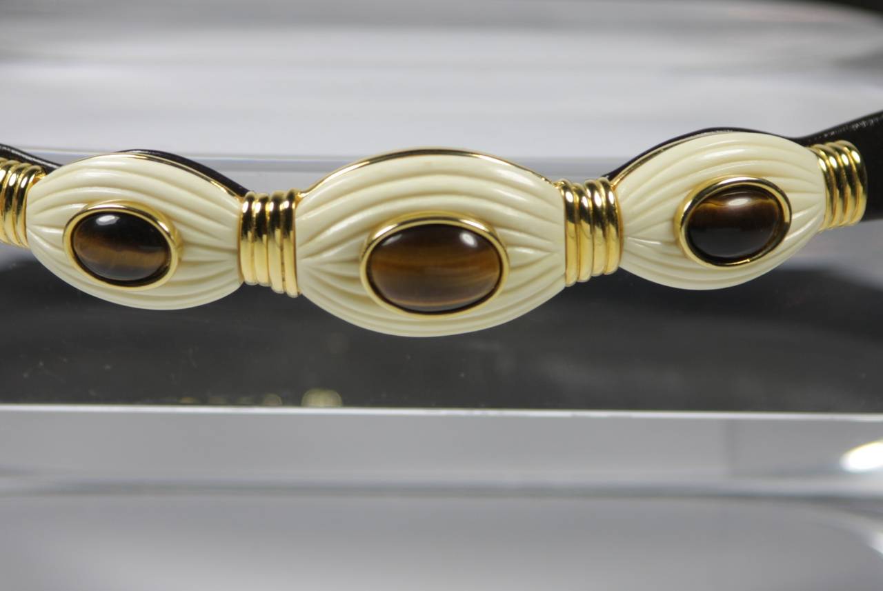 Women's Judith Leiber Brown Leather Belt with Tiger's Eye and Bone Details