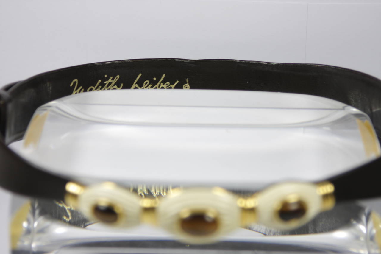 Judith Leiber Brown Leather Belt with Tiger's Eye and Bone Details 5