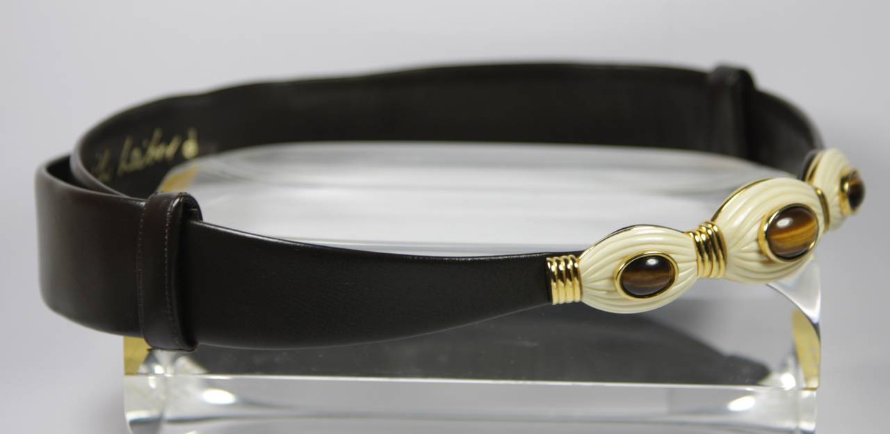 Judith Leiber Brown Leather Belt with Tiger's Eye and Bone Details 3