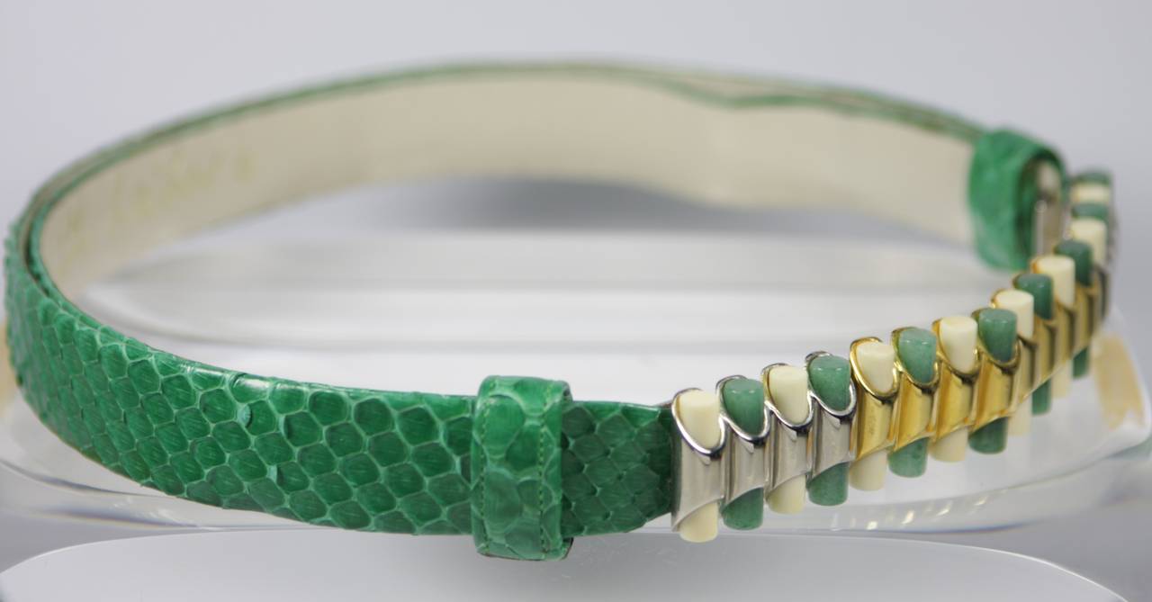 Judith Leiber Green Snakeskin Belt with Multi-Metal Green Stone and Bone Details 2