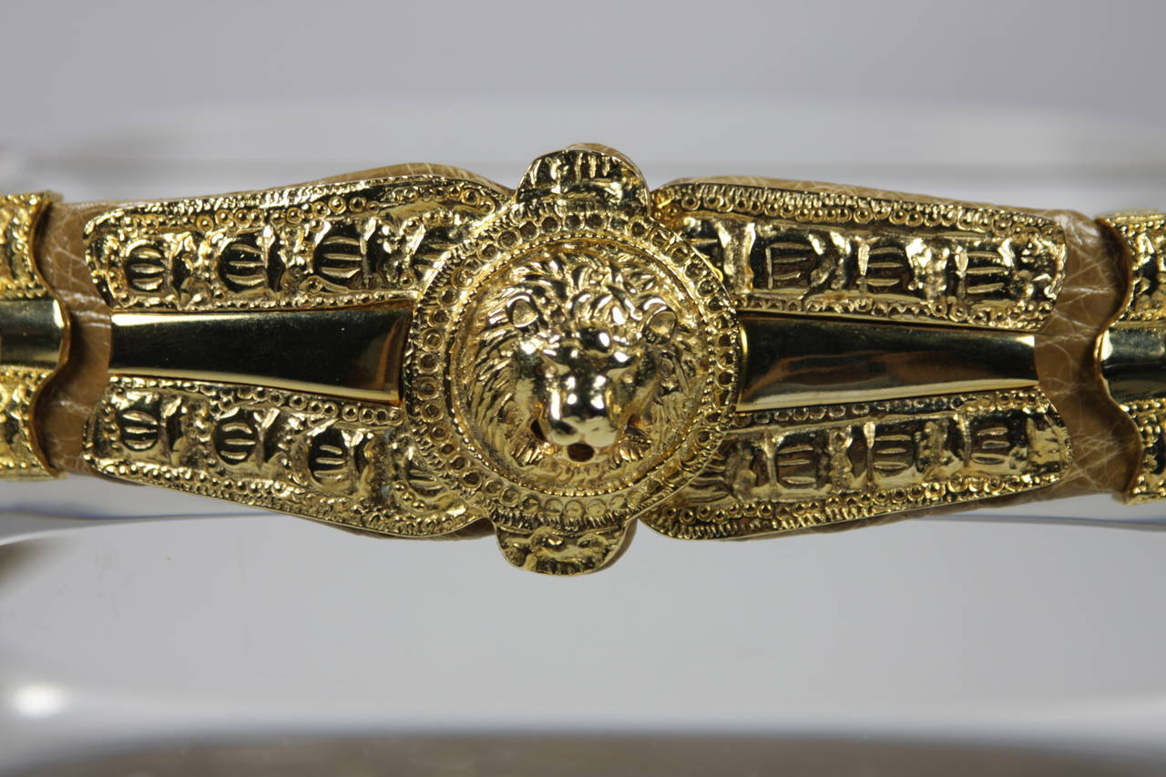 Judith Leiber Camel Color Alligator Belt with Lion Head Buckle In Excellent Condition In Los Angeles, CA