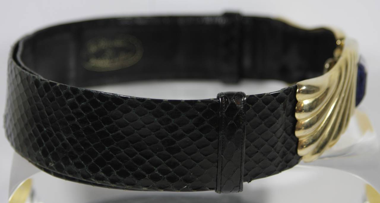 Women's or Men's Judith Leiber Black Snakeskin Belt with Gold Buckle and Blue Stone