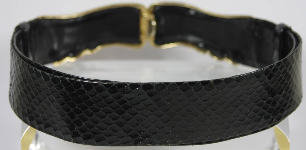 Judith Leiber Black Snakeskin Belt with Gold Buckle and Blue Stone 1