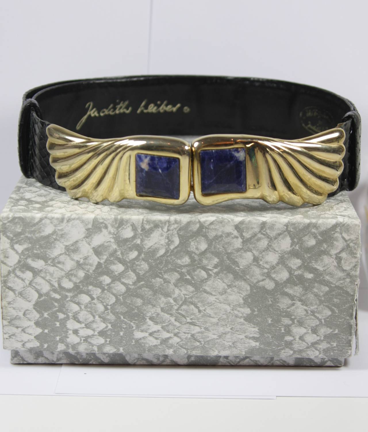 Judith Leiber Black Snakeskin Belt with Gold Buckle and Blue Stone 2