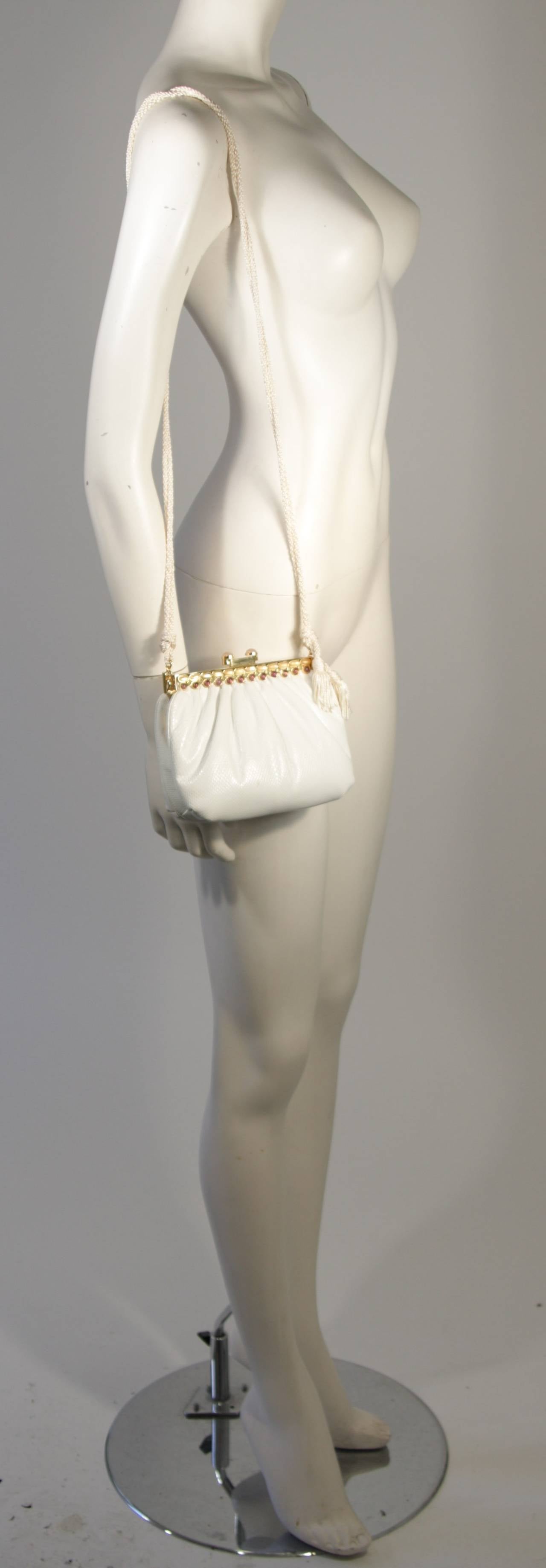 Judith Leiber Gathered White Lizard Purse with Multi-Stone Gold Frame In Excellent Condition In Los Angeles, CA