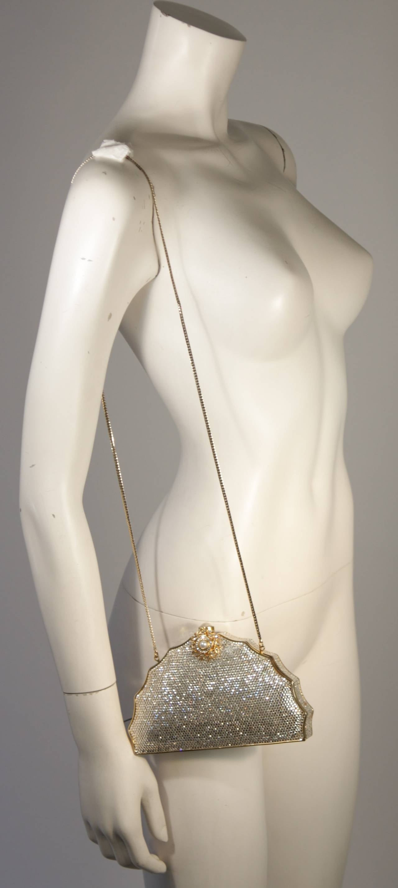 Women's JUDITH LEIBER Classic Pave Rhinestone Minaudiare  with Chain Strap & Gold Detail