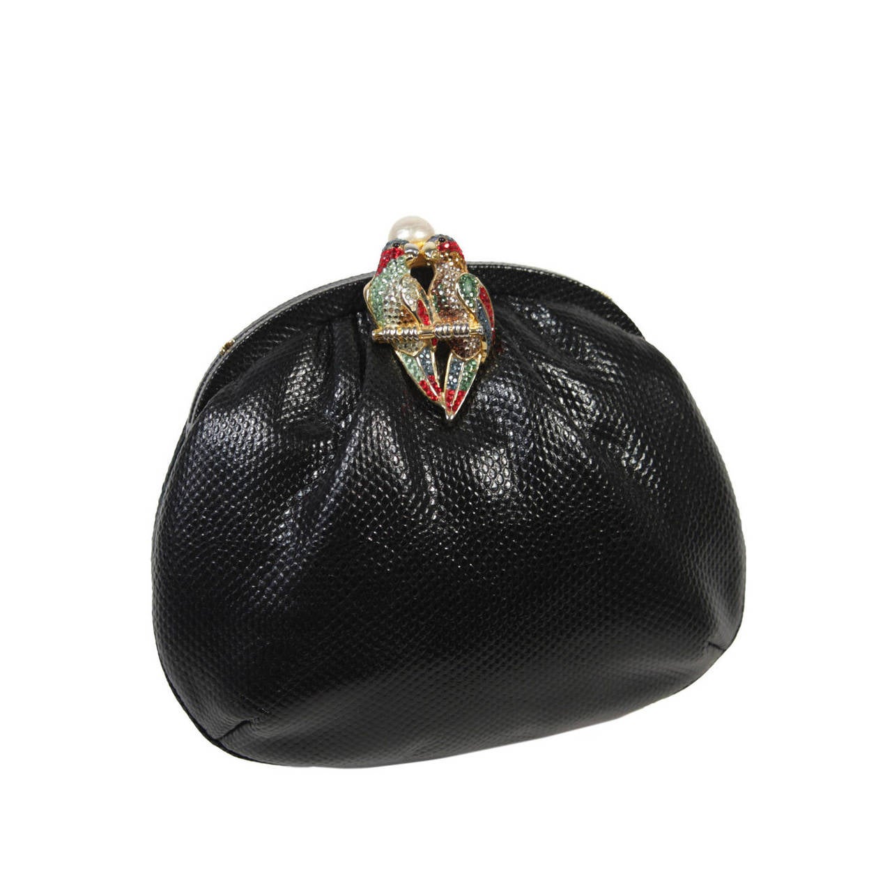 Judith Leiber Black Lizard Evening Purse with Rhinestone Lovebird Clasp