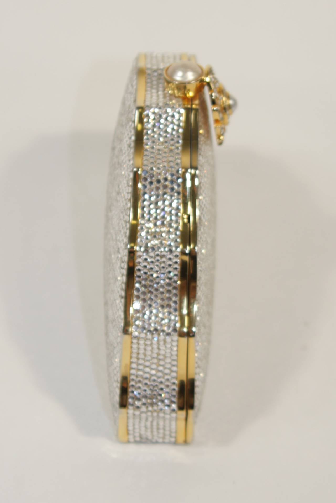 JUDITH LEIBER Classic Pave Rhinestone Minaudiare  with Chain Strap & Gold Detail 3