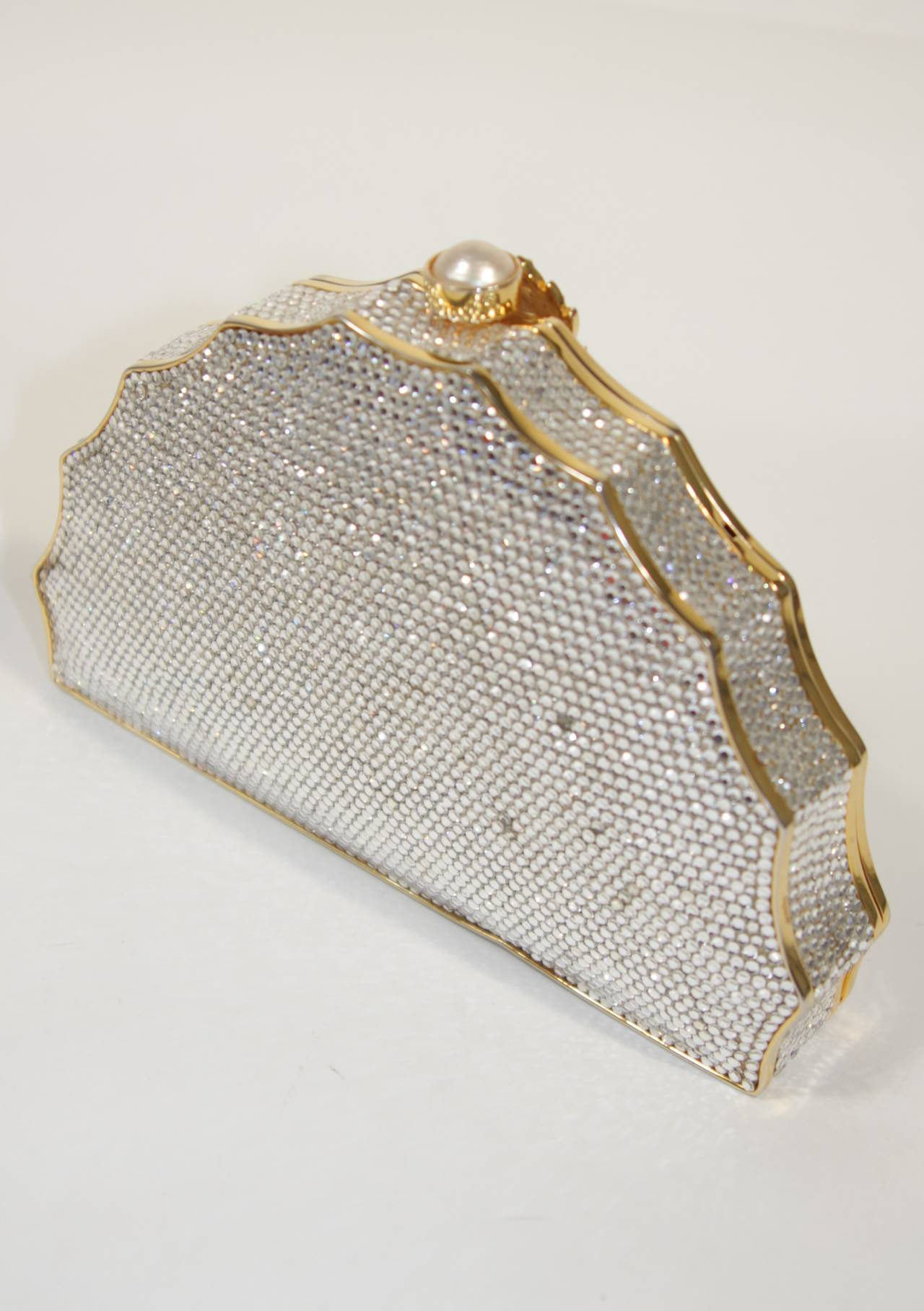 JUDITH LEIBER Classic Pave Rhinestone Minaudiare  with Chain Strap & Gold Detail 1