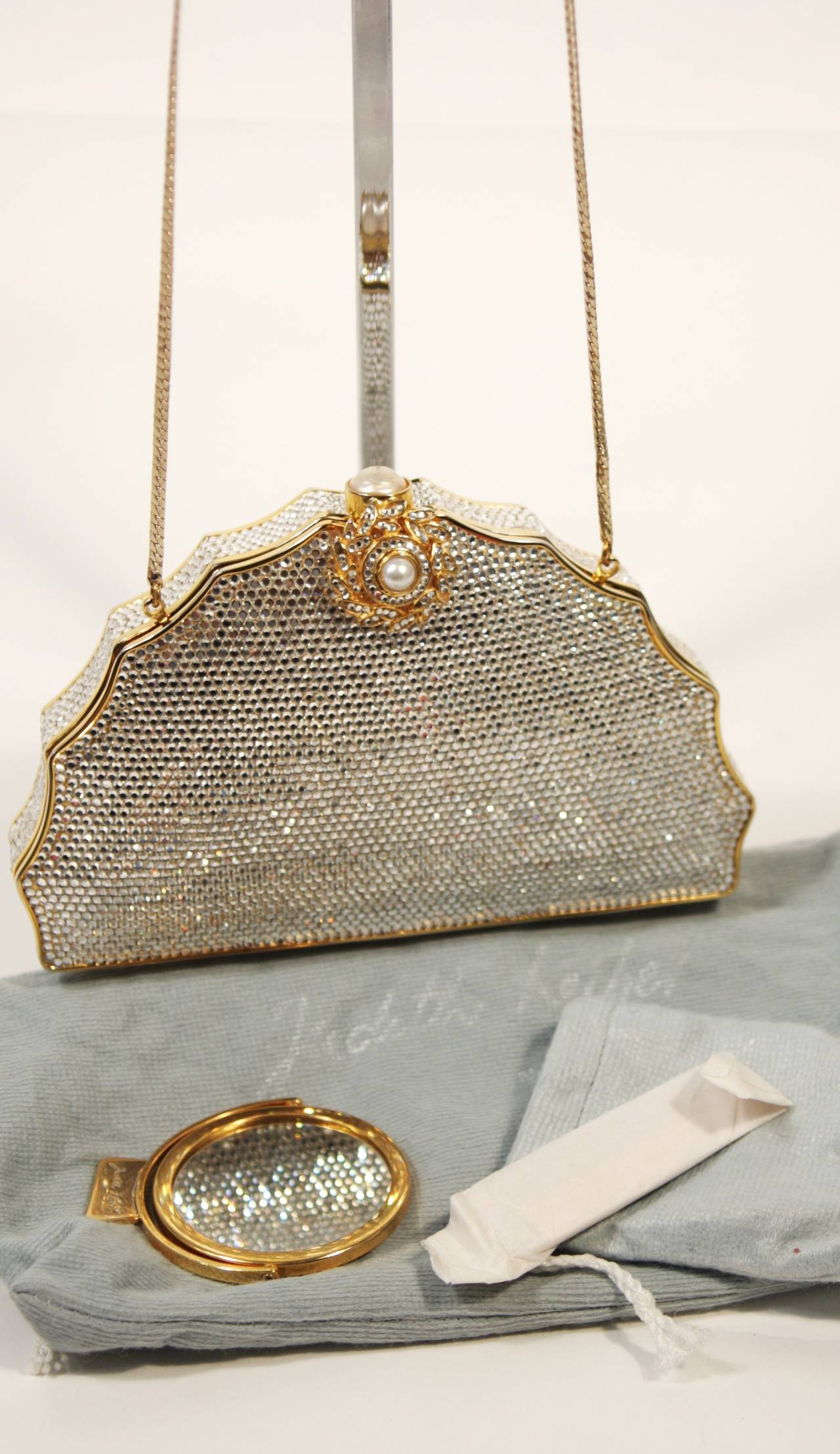 JUDITH LEIBER Classic Pave Rhinestone Minaudiare  with Chain Strap & Gold Detail 5