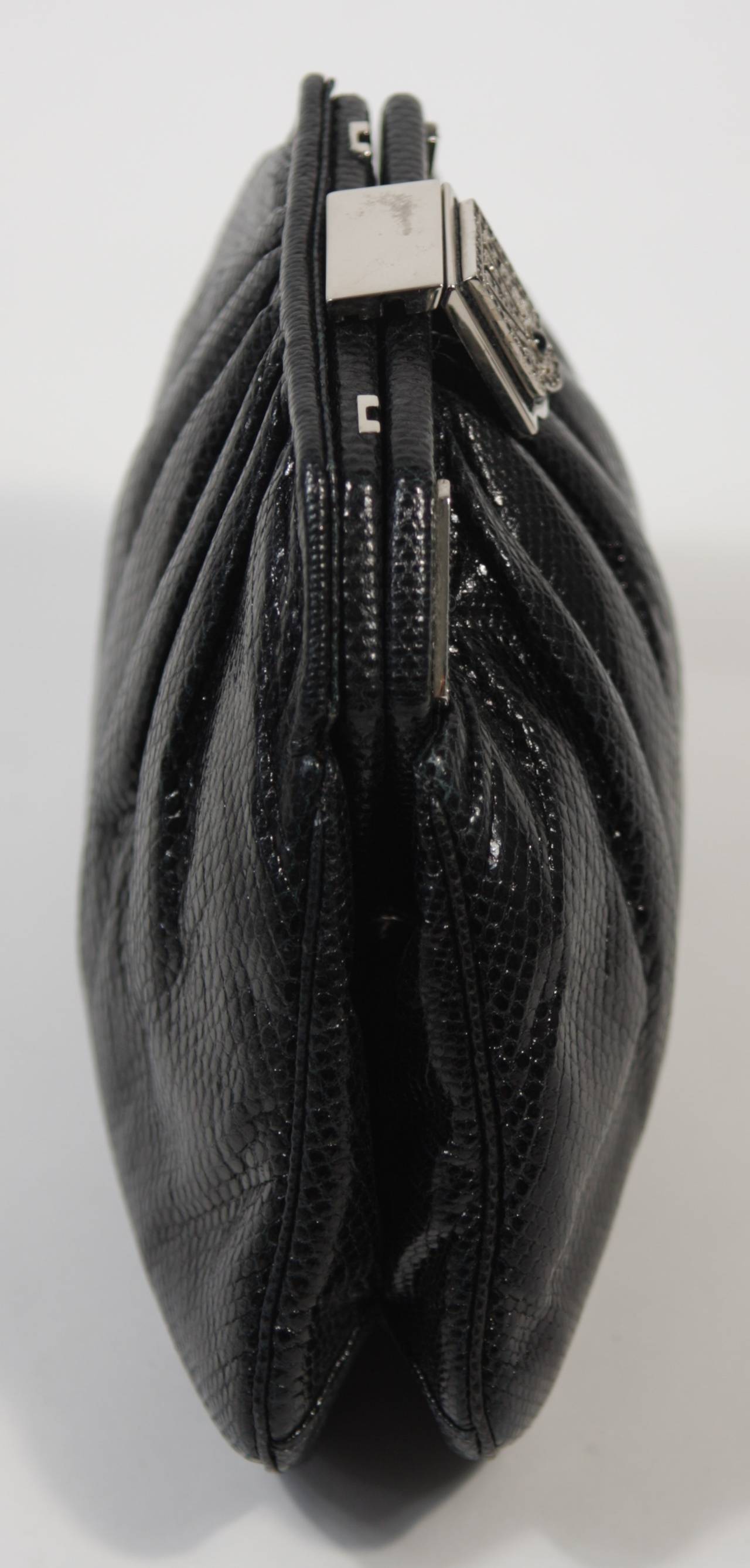 Women's Judith Leiber Black Lizard Clutch with Rhinestone Encrusted Clasp For Sale