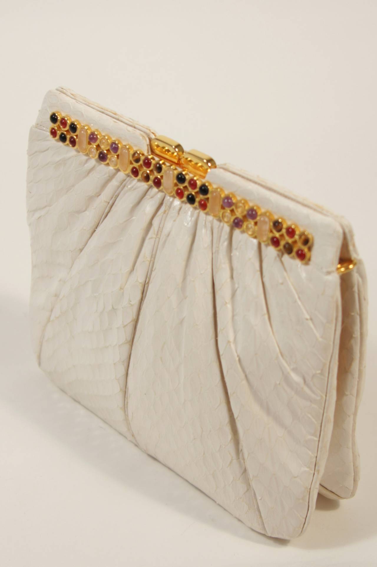 Judith Leiber White Snakeskin Clutch with Multi-Stone Gold Frame 4