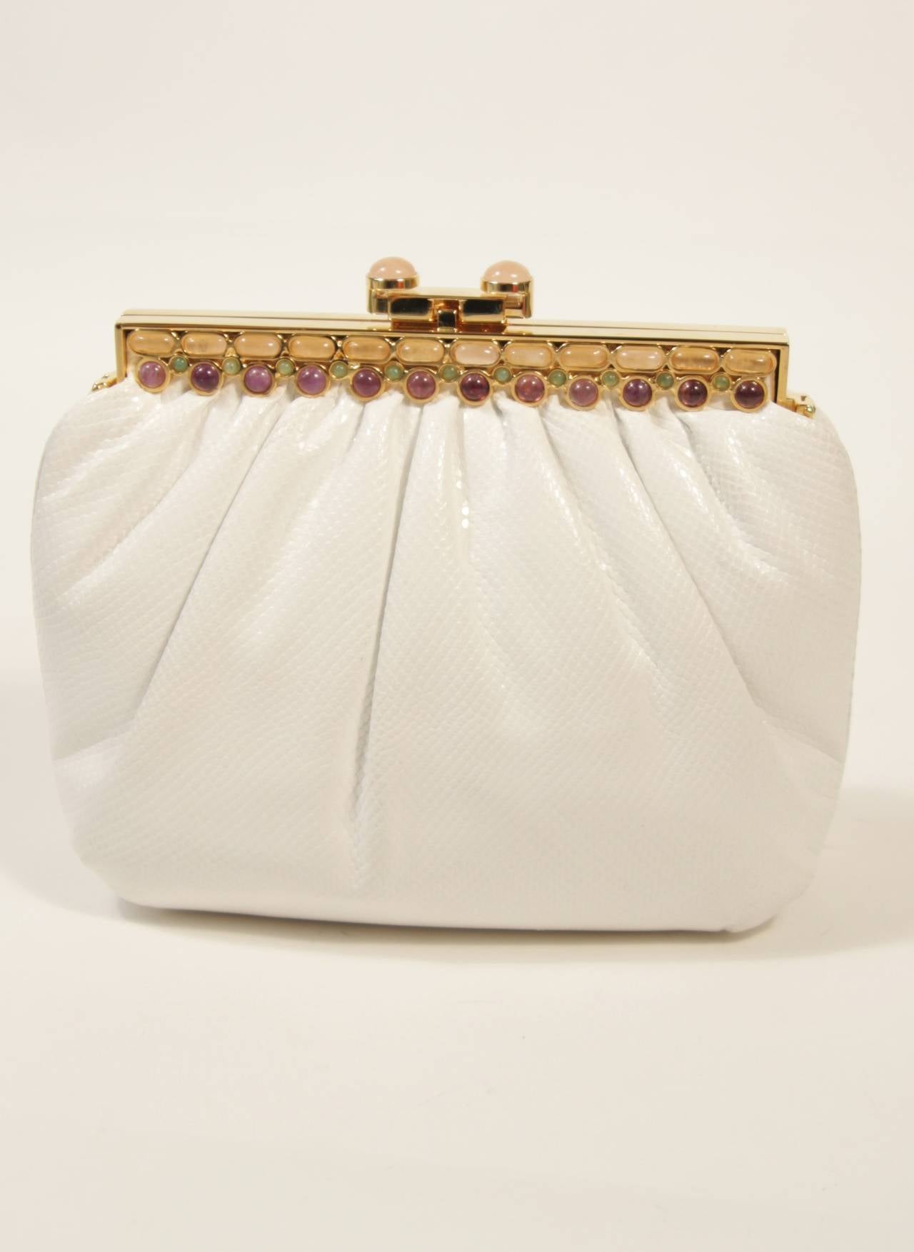 Judith Leiber Gathered White Lizard Purse with Multi-Stone Gold Frame 2