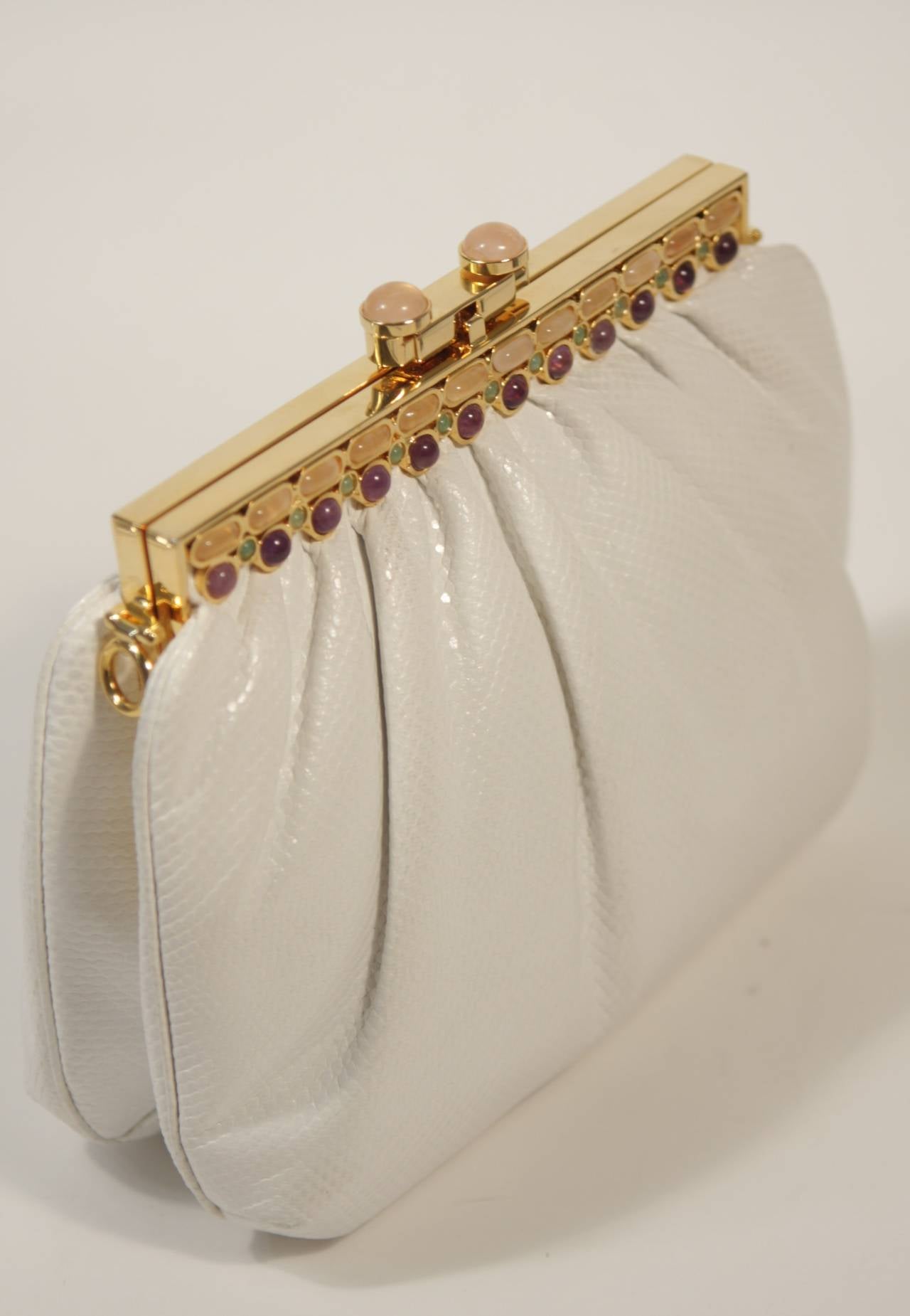 Judith Leiber Gathered White Lizard Purse with Multi-Stone Gold Frame 1