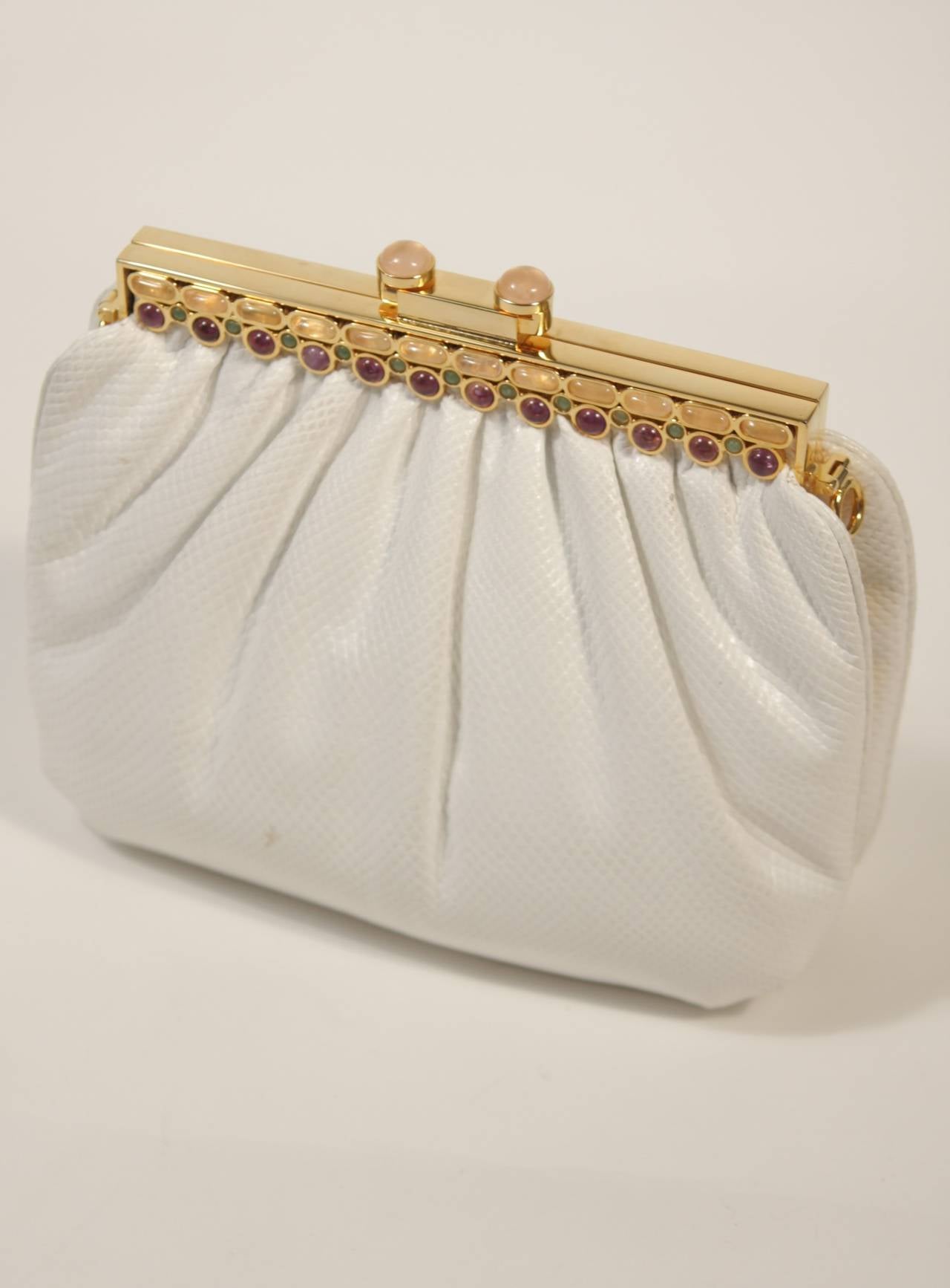Judith Leiber Gathered White Lizard Purse with Multi-Stone Gold Frame 3